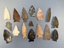 16 Quality Arrowheads, Points, Various Materials, Longest is 2", Found in Pennsylvania, Ex: Barry Ge