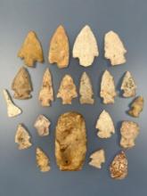 Lot of 20 Nicer Midwestern Points, Arrowheads, Drills, Longest is 3 3/4", Ex: Barry George Collectio