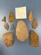 Lot of 9 Various Points, Blades, Tools, Found on Haldemans Island, June 20th, 1970 by Terrence Fasic