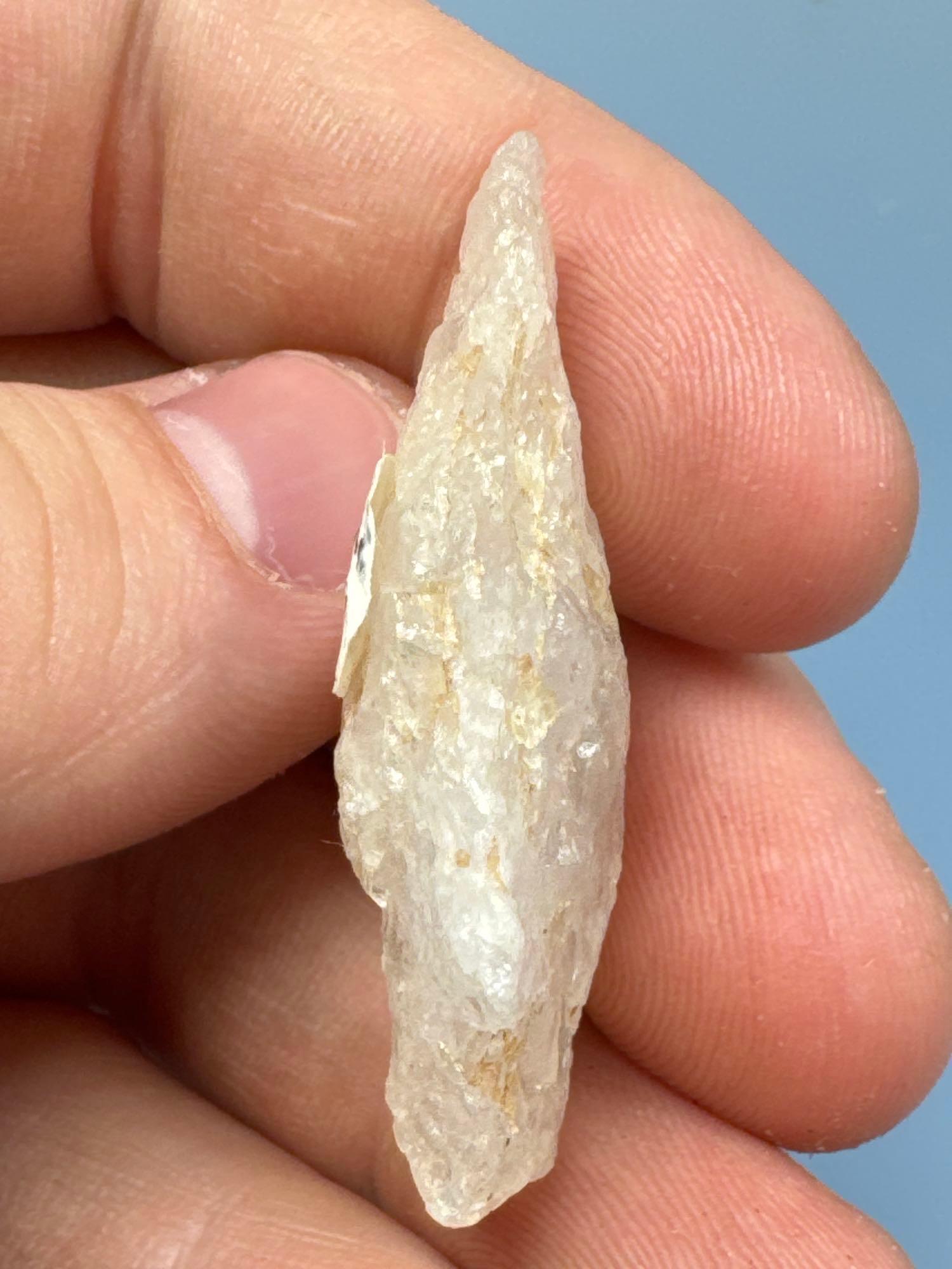 1 3/4" Quartz Crystalline Archaic Stem Bare Island Point, Found in Lancaster Co., PA