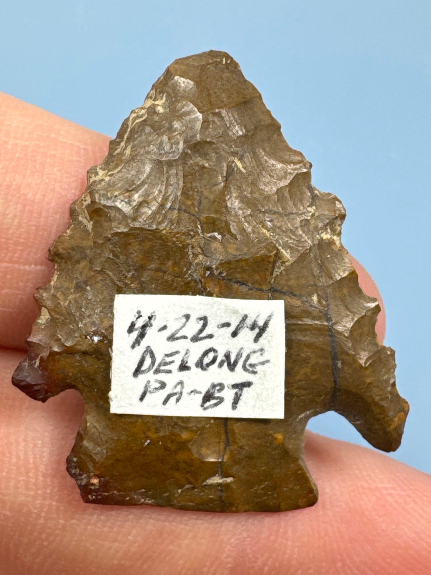 1 1/4" Serrated Corner Notch Jasper Point, Ex: Sonny Delong Collection Who Collected and Hunted Arti