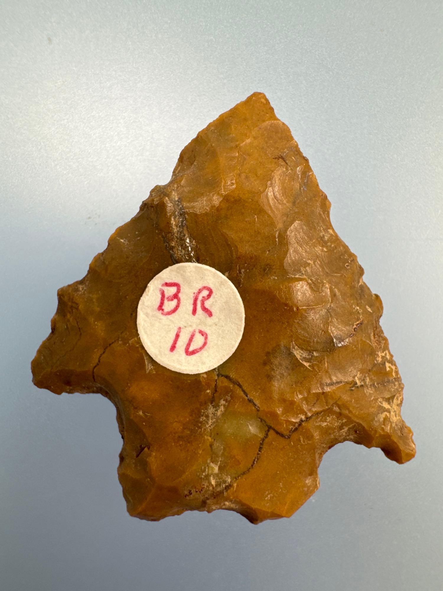 1 5/16" Serrated Jasper Point (likely Re-worke Bifurcate), Found in Pennsylvania, Ex: Bud Ripley Col