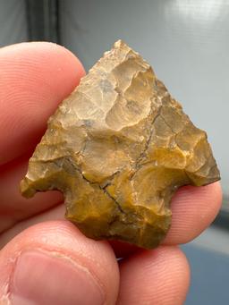 1 5/16" Serrated Jasper Point (likely Re-worke Bifurcate), Found in Pennsylvania, Ex: Bud Ripley Col