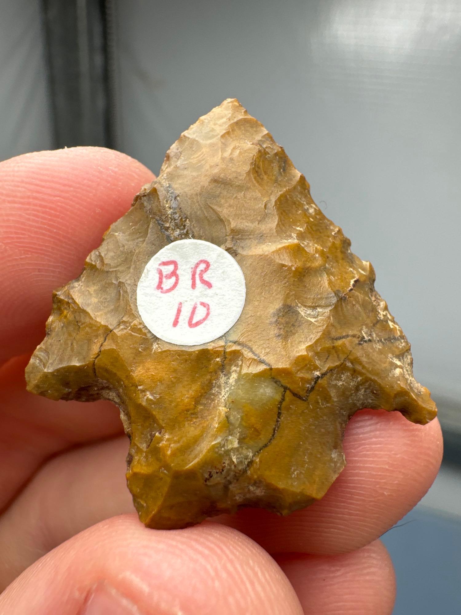 1 5/16" Serrated Jasper Point (likely Re-worke Bifurcate), Found in Pennsylvania, Ex: Bud Ripley Col