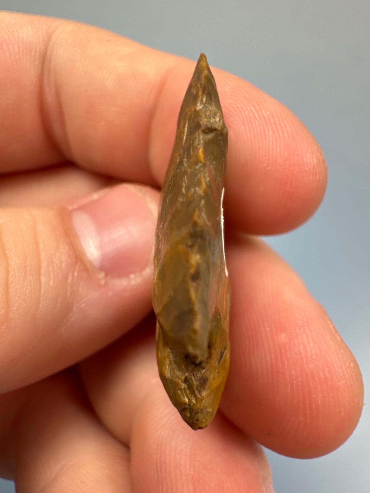 1 5/16" Serrated Jasper Point (likely Re-worke Bifurcate), Found in Pennsylvania, Ex: Bud Ripley Col