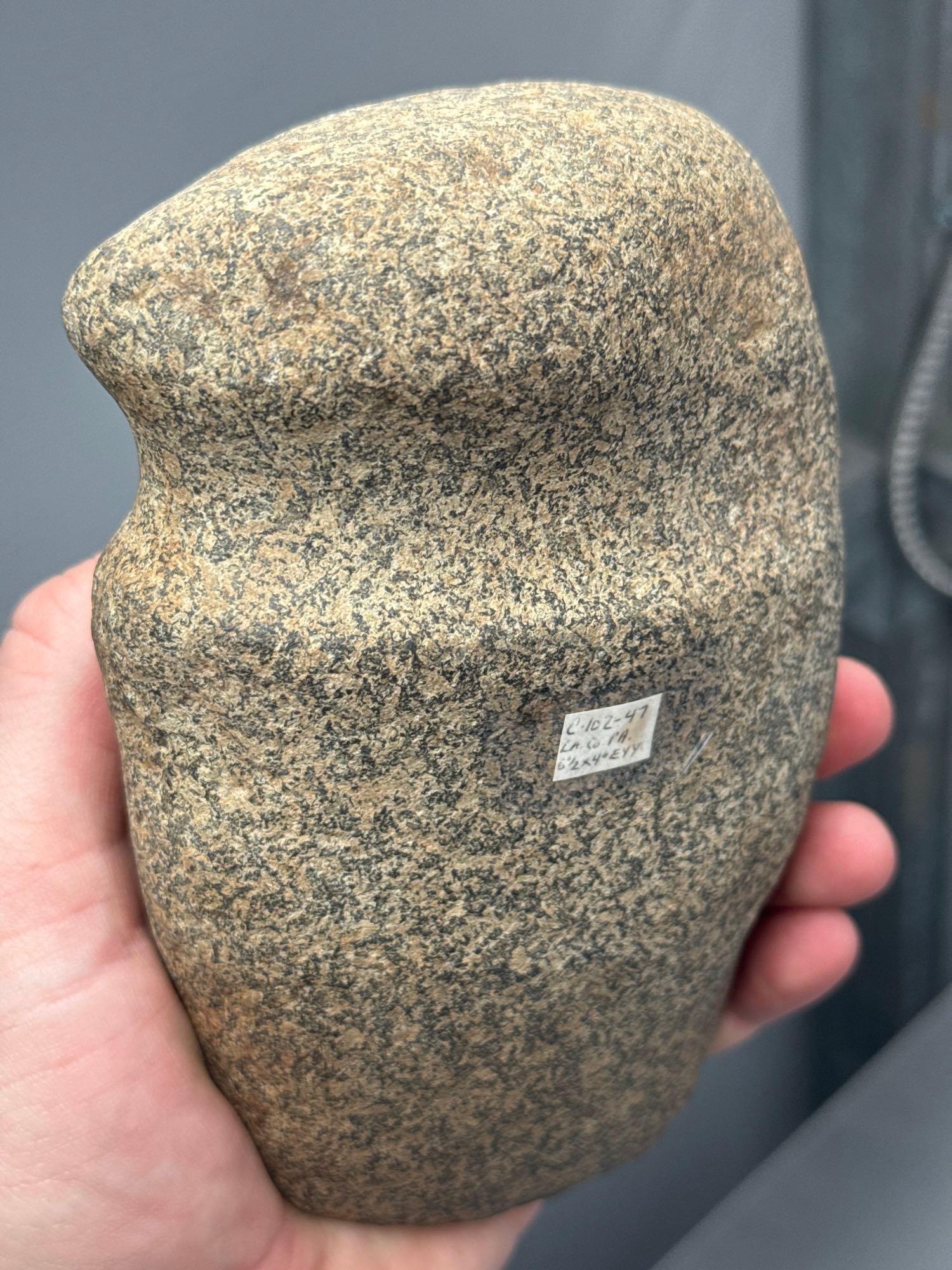 6 1/2" Heavy Hardstone Granite Axe, 3/4 Groove, SITS ON END, Found in Lancaster Co., PA