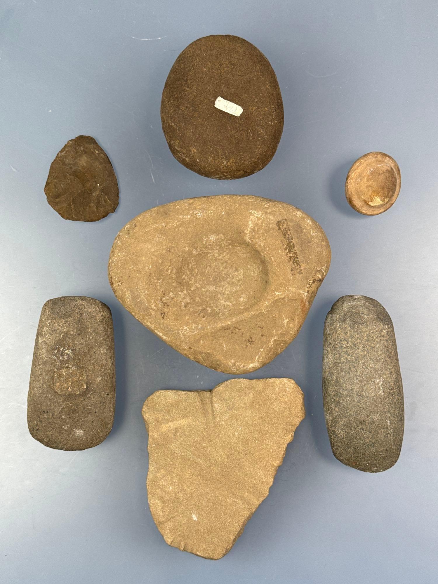 Box Lot of Artifacts and Geofacts, Longest is 5 1/2", Celts, Mortar Grinding Stone