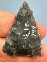 1 7/16" Black Chalcedony Triangle Point, Found in Lehigh Co., PA, Purchased at a Rich Johnston Aucti