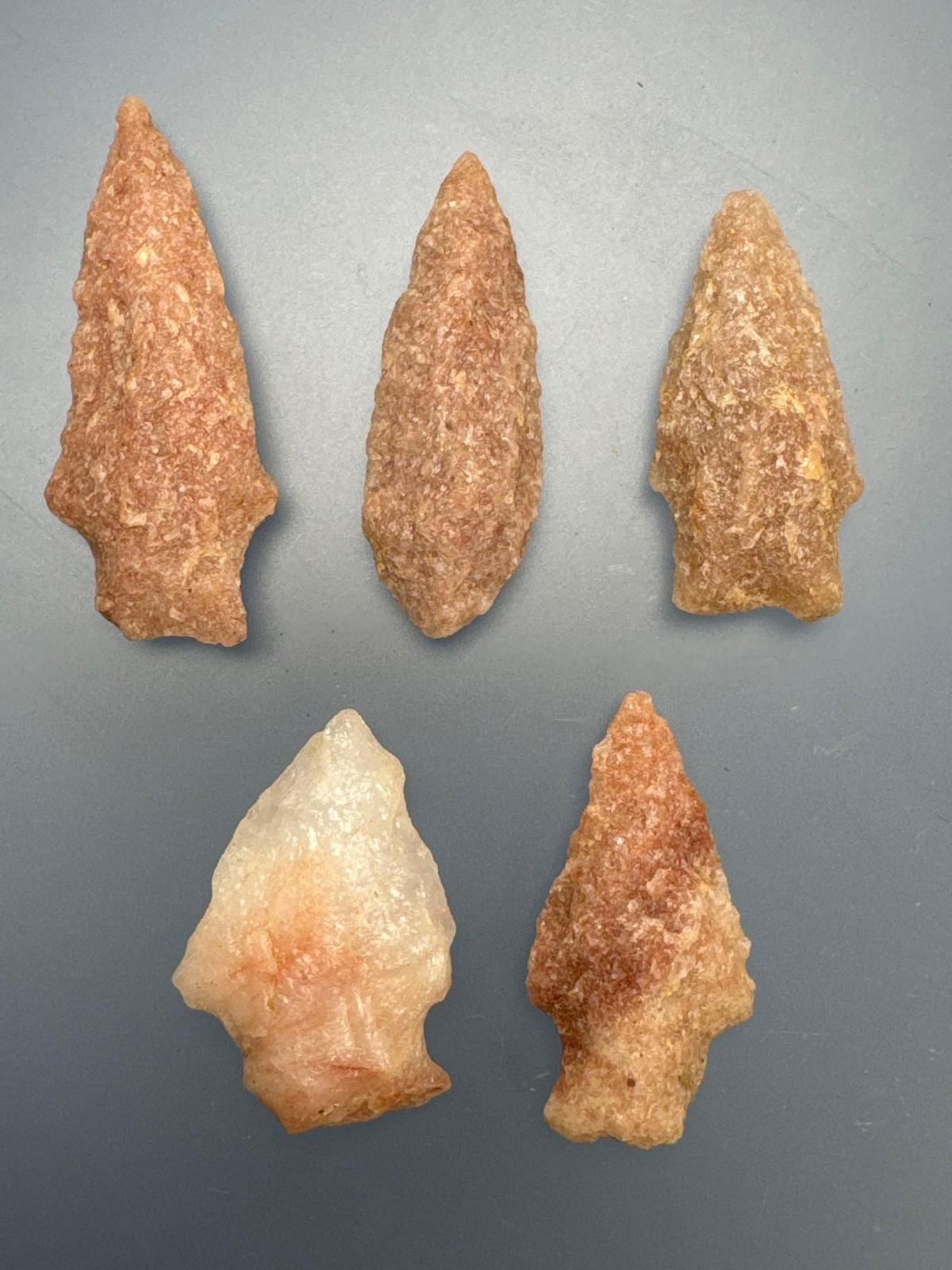 Lot o 5 Pink Quartzite ( Rose Quartz) Arrowheads, Longest is 1 15/16", Found in Cecil Co., Maryland