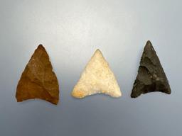 Lot of 3 Fine Triangles, Jasper, Chert, Quartz, Longest is 1 5/16", Found in Moorestown, New Jersey