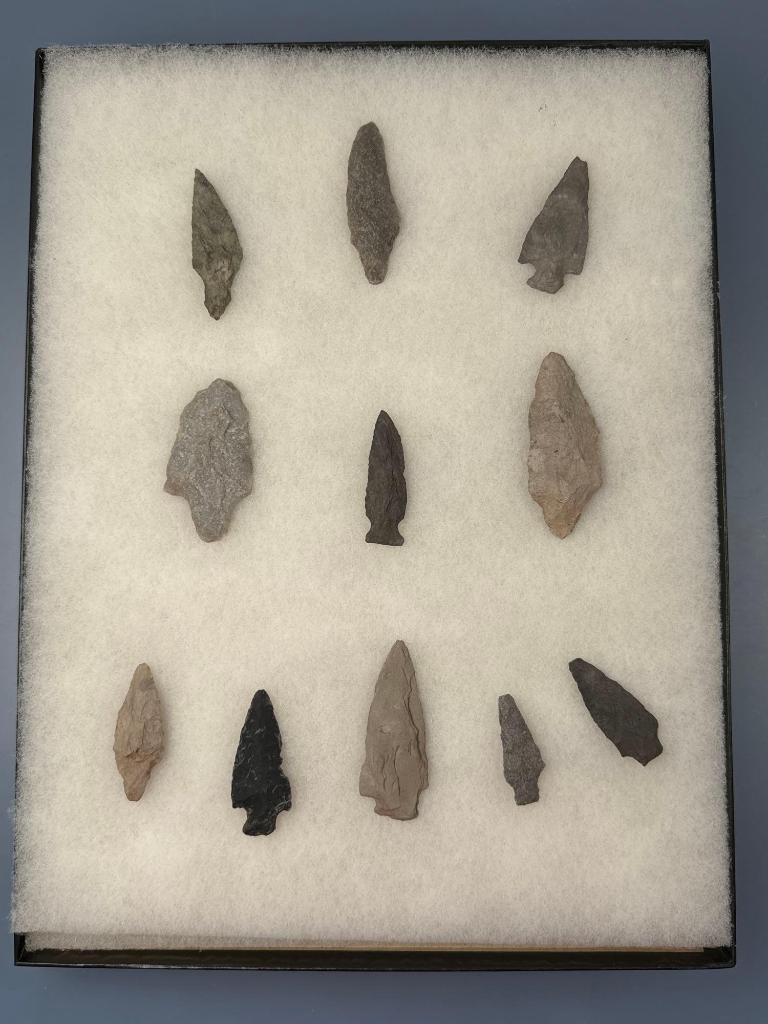 Lot of 11 Arrowheads, Longest is 3 1/16", Found in Jim Thorpe Area in Pennsylvania