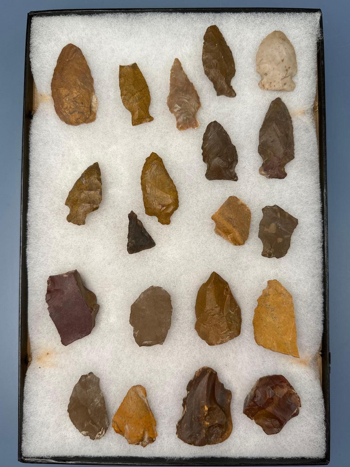 20 Various Jasper Artifacts, Points, Tools, Flake Knives, Longest is 2 1/8", Found in the Oley Valle