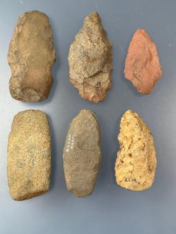 Lot of 6 Various Tools, Celts, Blades x1 Axe, Found in PA, Ex: Wilhide Collection, Longest is 4 1/2"