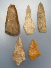 Lot of 5 Various Classic Lower Susquehanna River Points, Knives, Longest is 3 3/8", Found in Columbi