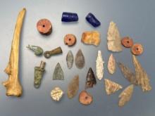 Lot of Misc Artifacts- Neolithic Points, Sharan Beads, Bone Awl, Triangles, Musket Ball, etc.