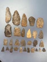 Impressive Lot of 29 Various Points, Tools, Chert, Onondaga, Longest is 3 1/2", Found in New York, E