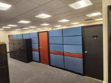 SET OF OFFICE CUBICLE PARTIONS - 3 OFFICES, DESKS, CABINETS AND OVERHEAD CABINETS 31"8" X 14'8"