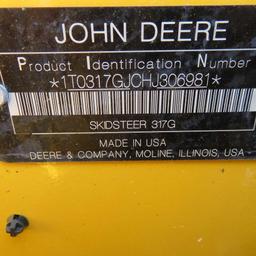 John Deere 317G Skid Steer, 2018 Model w/GP Bucket, 1276 Hrs., S/N 1T0317GJCHJ306981