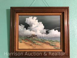 Original framed canvas painting by the V H Scott of a wagon sitting in a field