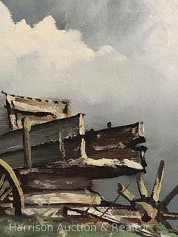 Original framed canvas painting by the V H Scott of a wagon sitting in a field