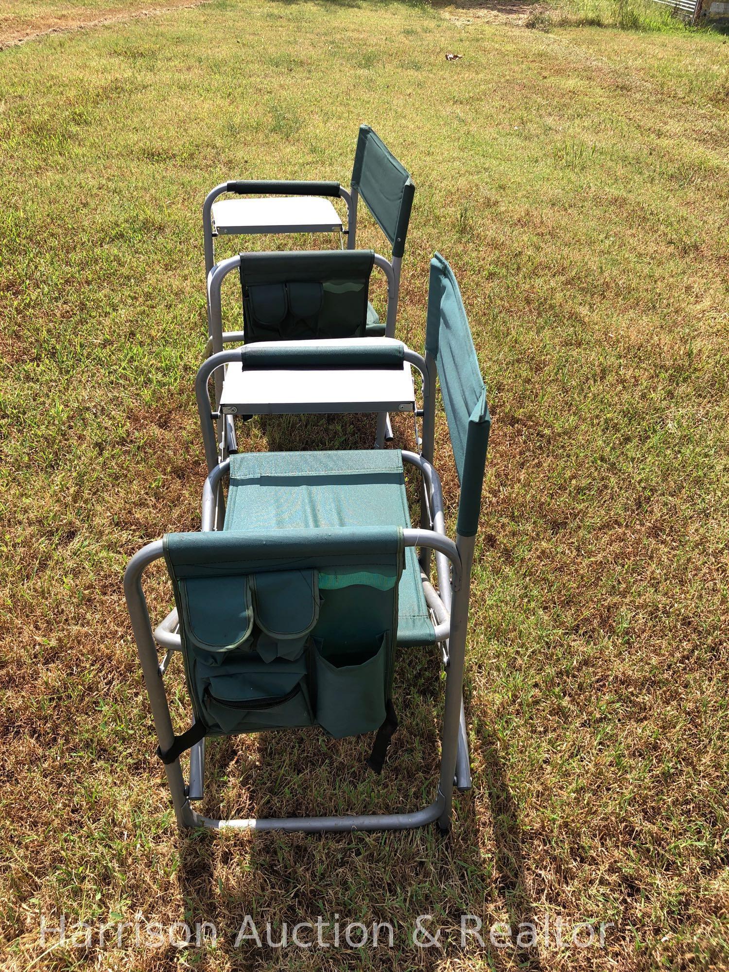 Set of two foldable green chairs with table and pockets