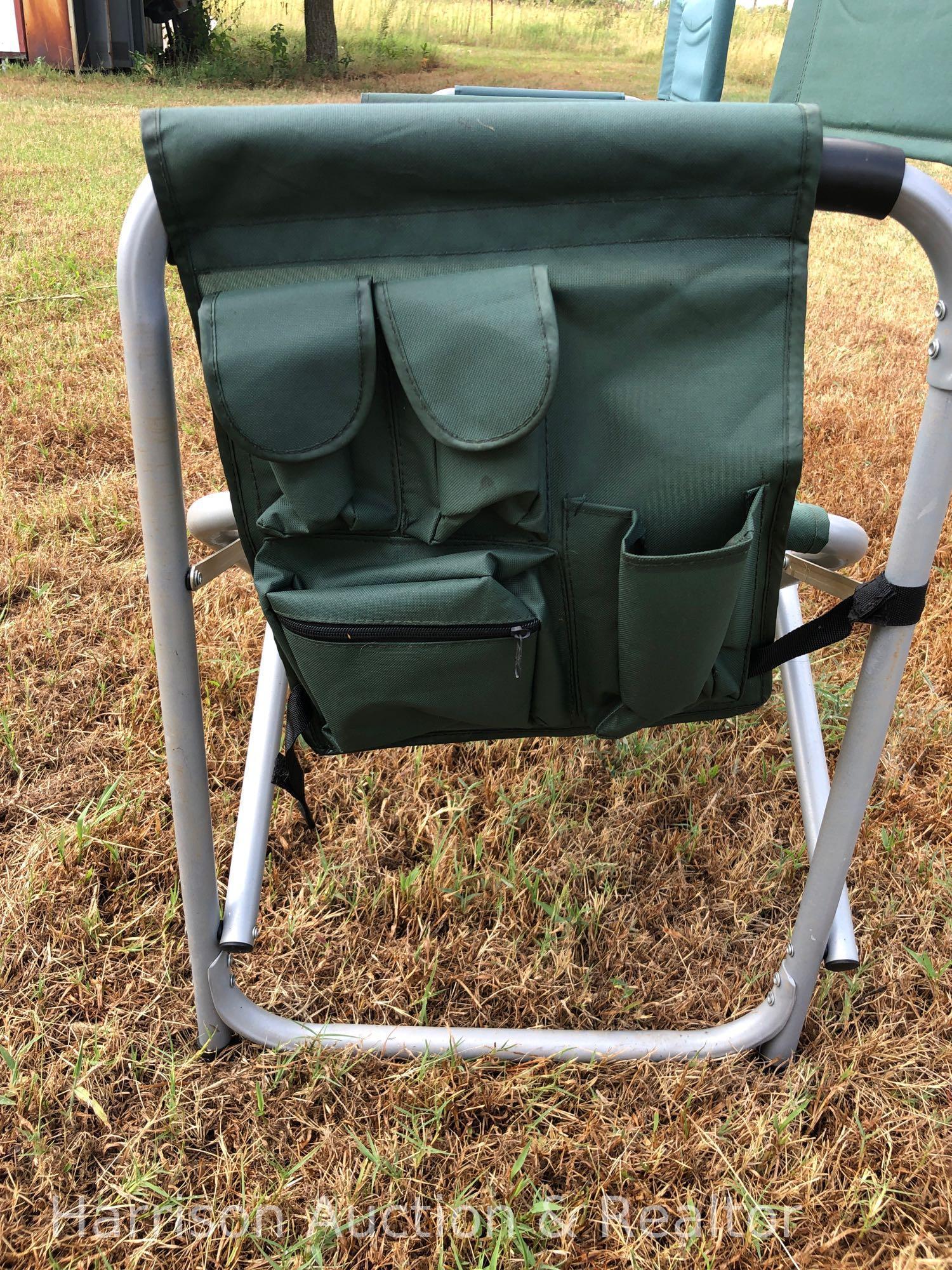 Two outdoor chairs with table and side pouch organizer