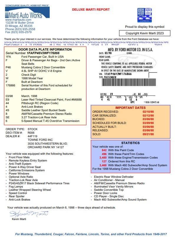 1998 Ford Mustang Cobra SVT Convertible. MARTI REPORT included. This is a v