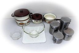 Vintage Glass Pitchers and Bowls, Cannister Set, Cooking Pots and Misc. Kitchen Items