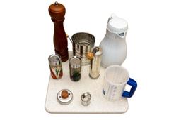 Kitchen Lot with Vintage Tupperware, Salt and Pepper Shakers, Utensils, Mugs, Can Opener, Carafe