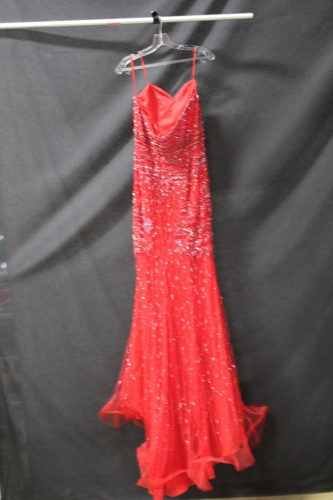 Jovani Red Full Length Sequined Dress Size: 6