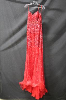 Jovani Red Full Length Sequined Dress Size: 6