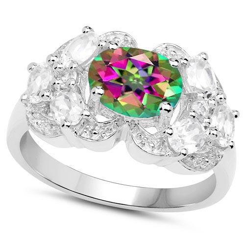 Certified 1.14 Ctw. Genuine Mystic Topaz And Diamond 14K White Gold Ring