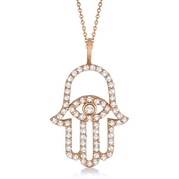 Diamond Hamsa Evil Eye Pendant Necklace 14k Rose Gold 0.51ctw