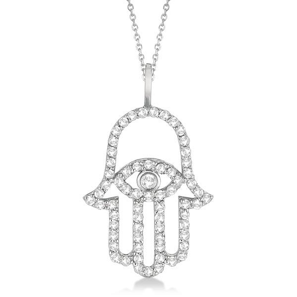 Diamond Hamsa Evil Eye Pendant Necklace 14k White Gold 0.51ctw