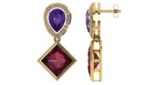 Certified 4.90 CTW Amethyst Garnet And Diamond 14K Yellow Gold Earring