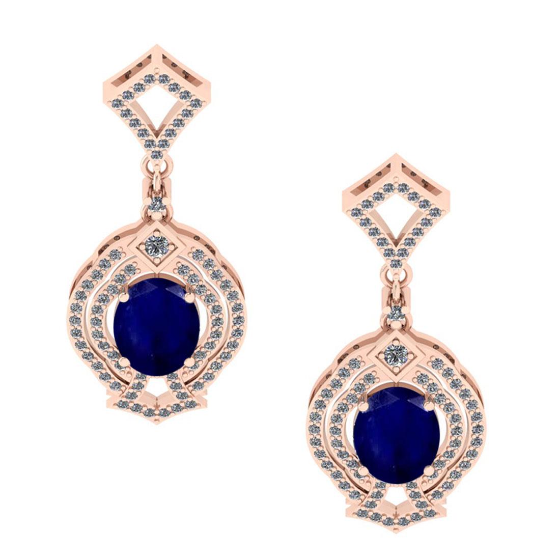 6.20 Ctw VS/SI1 Blue Sapphire And Diamond 14K Rose Gold Dangling Earrings (ALL DIAMOND ARE LAB GROWN