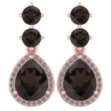 Certified 5.17 Ctw Smoky Quarzt And Diamond 14k Rose Gold Halo Dangling Earrings