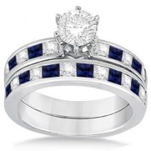 Channel Blue Sapphire and Diamond Bridal Set 14k White Gold 2.30ctw