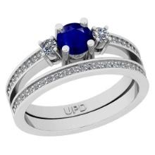 0.83 Ctw SI2/I1 Blue Sapphire And Diamond 14K White Gold Wedding Set Ring