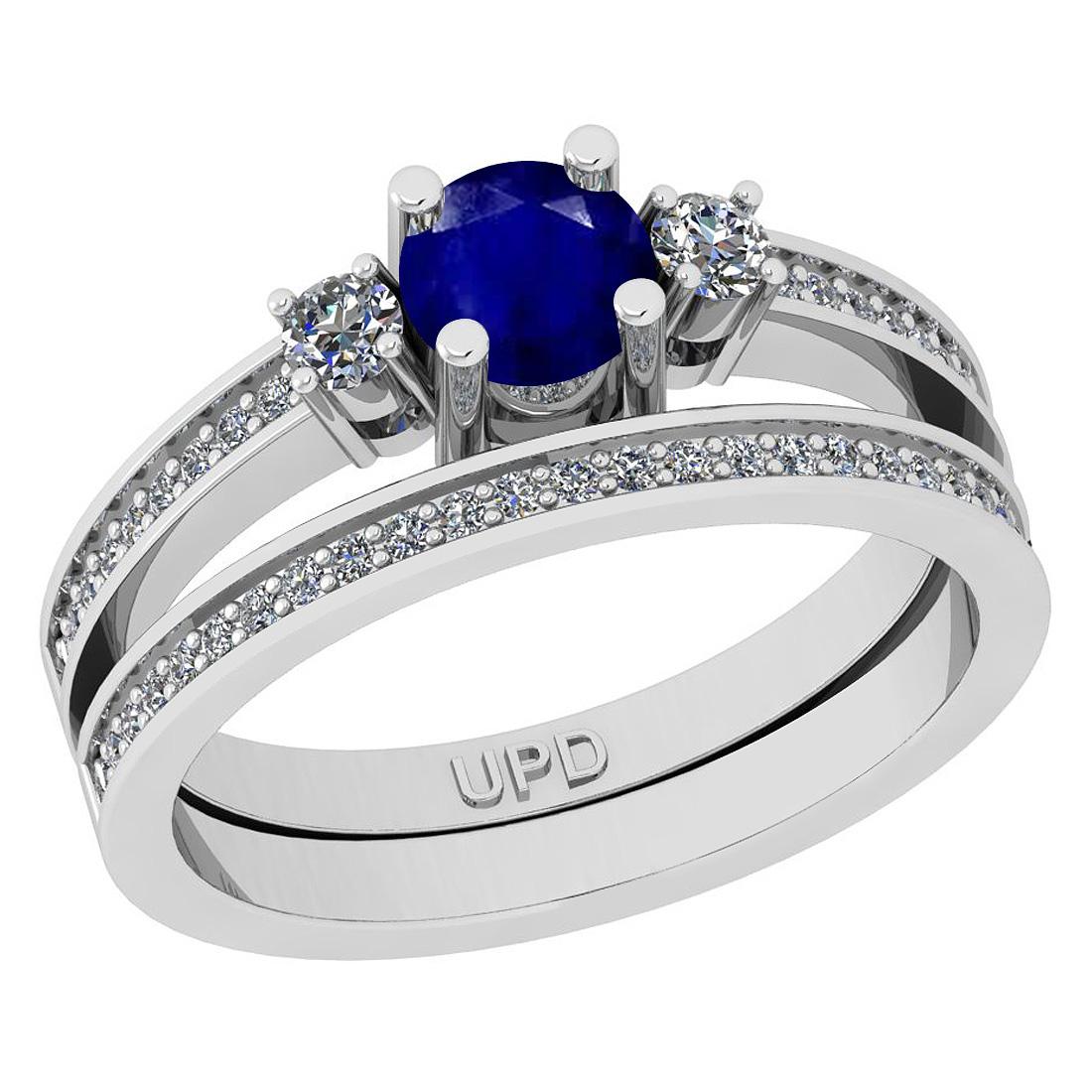 0.83 Ctw SI2/I1 Blue Sapphire And Diamond 14K White Gold Wedding Set Ring