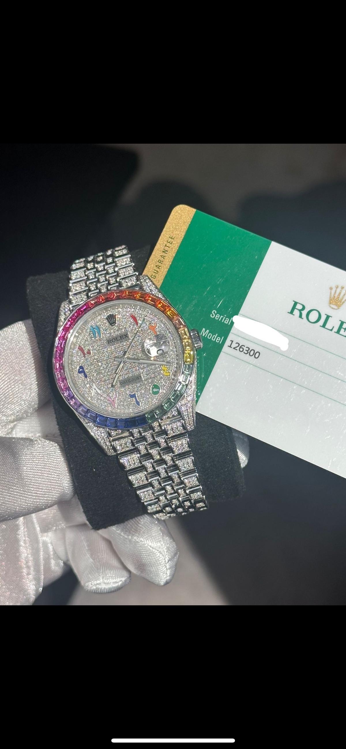 CUSTOM ROLEX DATEJUST 41 MM REF 126300 W/RAINBOW BEZEL & ARABIC RAINBOW DIAL FULL DIAMOND WATCH (G-H