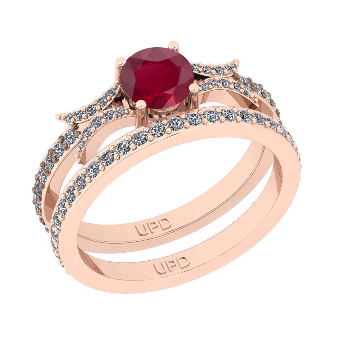 1.01 Ctw SI2/I1Ruby And Diamond 14K Rose Gold Anniversary Set Band Ring