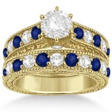 Antique style Diamond and Sapphire Bridal Ring Set 14k Yellow Gold 2.87ctw