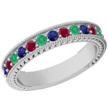 Certified 0.98 Ctw Multi Emerald,Ruby,Sapphire 14K White Gold Filigree Style Band Ring