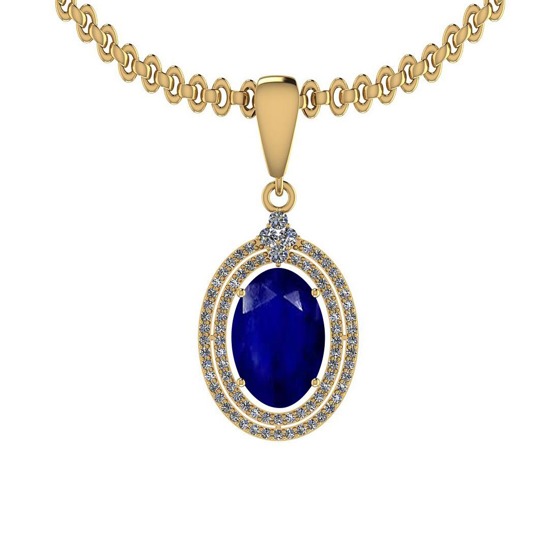 4.20 Ctw SI2/I1 Blue Sapphire And Diamond 14K Yellow Gold Necklace