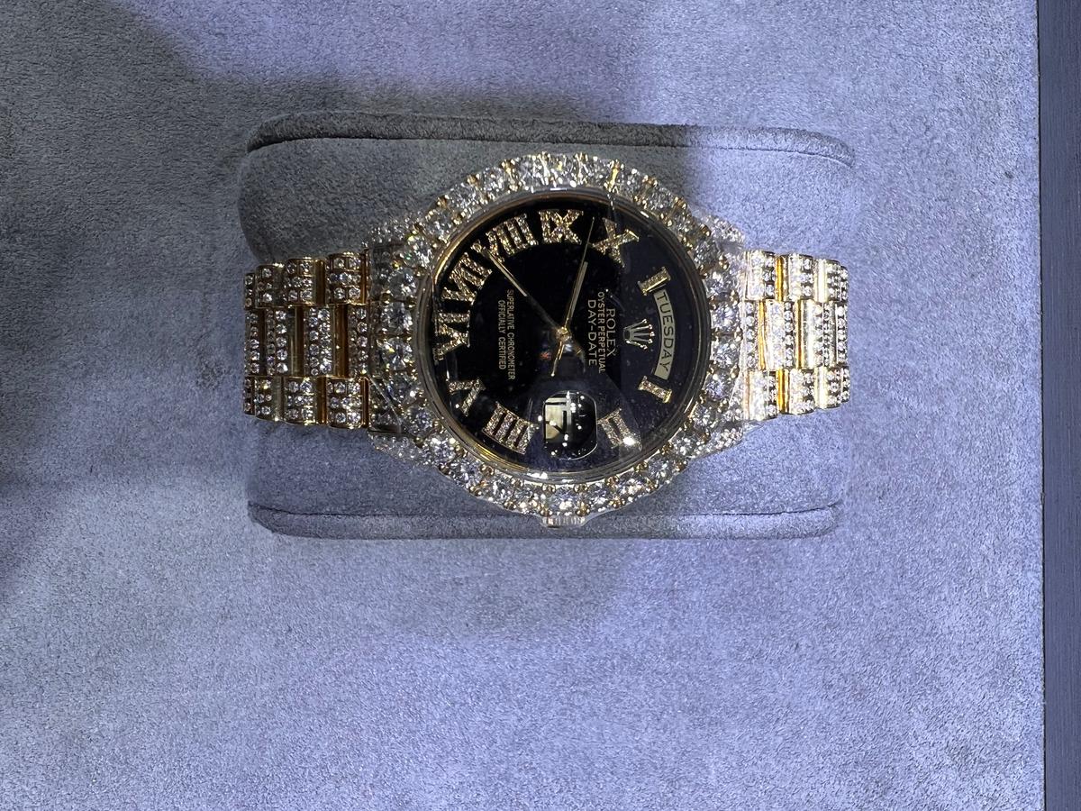 Used Custom Rolex 36mm DayDate w/ 23.50 cttw Diamond (G-H, SI1-SI2) comes with box and appraisal