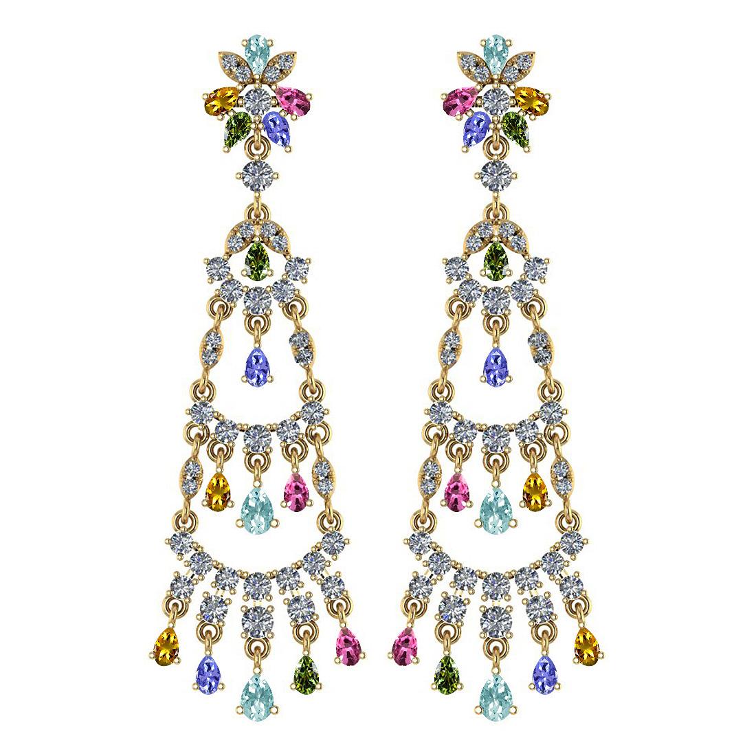 15.76 Ctw SI2/I1 Multi Sapphire,tanzanite,Aquamarine And Diamond 14K Yellow Gold Dangling Earrings