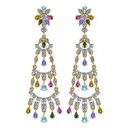 15.76 Ctw SI2/I1 Multi Sapphire,tanzanite,Aquamarine And Diamond 14K Yellow Gold Dangling Earrings