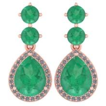 Certified 5.17 Ctw Emerald And Diamond 14k Rose Gold Halo Dangling Earrings