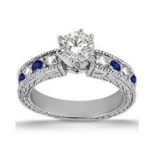 Antique style Diamond and Blue Sapphire Engagement Ring 14k White Gold 1.75ctw